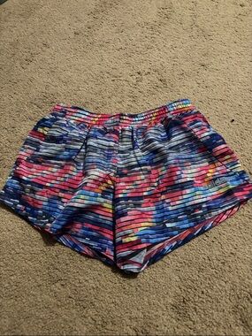 adidas Girls Multicolor Pixel-Stripe Running Shorts — Blue, Pink & Yellow